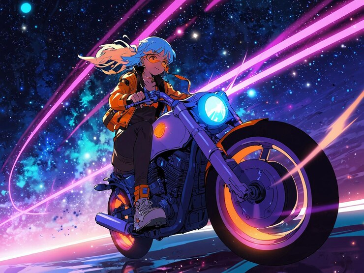 personaje de anime de motociclista elegante montando a través de las estrellas