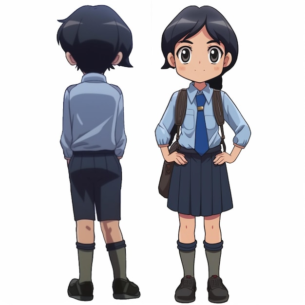 Foto personaje de anime de una niña con uniforme escolar y un niño con una camisa azul ai generativo