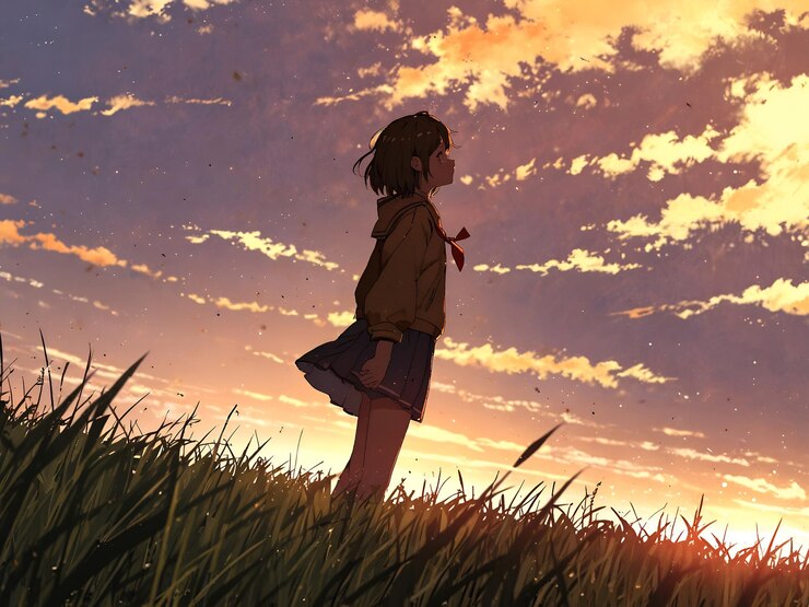 Personaje de anime de pie en un campo pacífico y mirando hacia el cielo