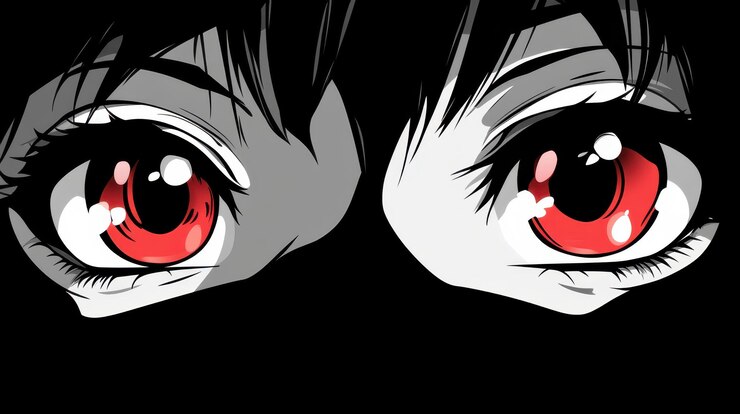 Personaje de anime que muestra grandes ojos rojos en un fondo oscuro