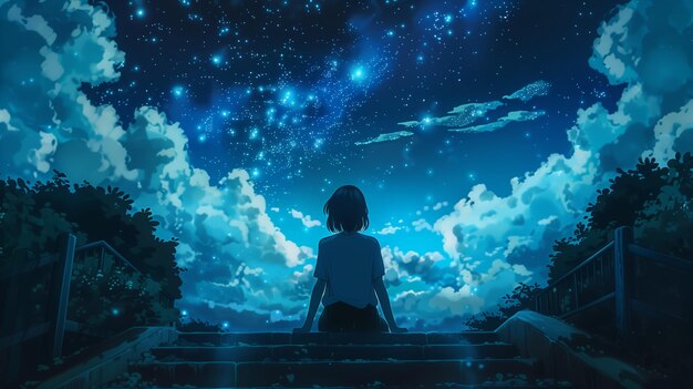 Personaje de anime sentado en las escaleras mirando al cielo nocturno estrellas brillantes nubes