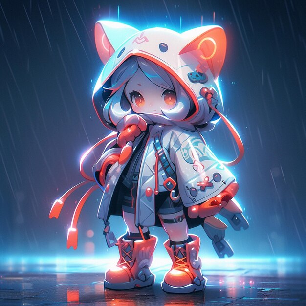 personaje de anime con un sombrero de gato y una capucha de pie en la lluvia generativo ai