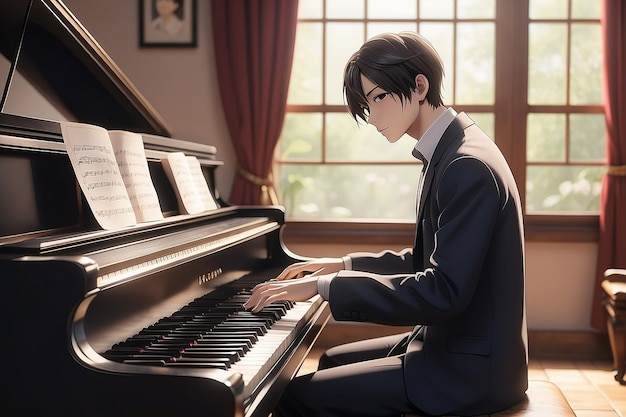 Personaje de anime tocando el piano