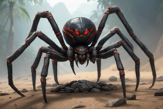 Personaje de araña vagabunda brasileña de fantasía con cuerpo de seis paquetes listo para la guerra con armas avanzadas