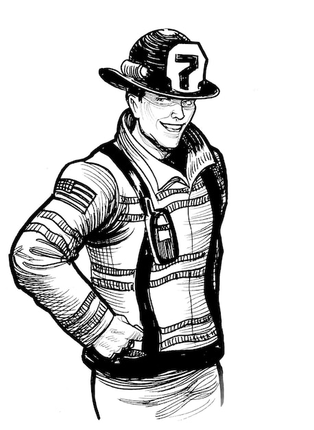 Personaje de bombero Ilustración en blanco y negro con tinta dibujada a mano