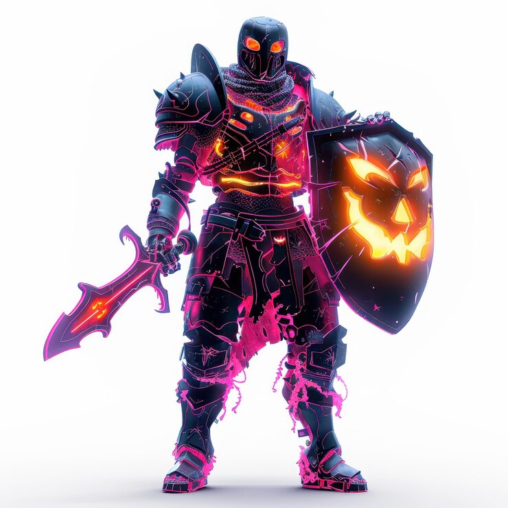 Personaje de caballero de fantasía de Halloween con una armadura brillante y un fondo aislado blanco de escudo