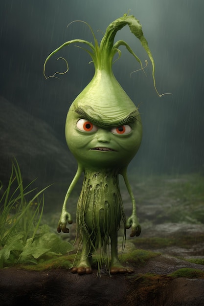 Un personaje de la caricatura cebolla verde ilustración 3D