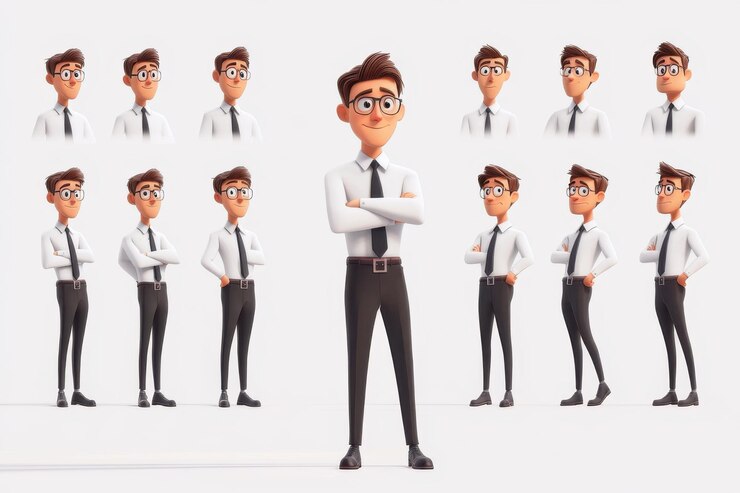 Personaje de caricatura de empleado de oficina que muestra una variedad de gestos, incluido el pensamiento puntual y la sonrisa para satisfacer diversas necesidades de comunicación