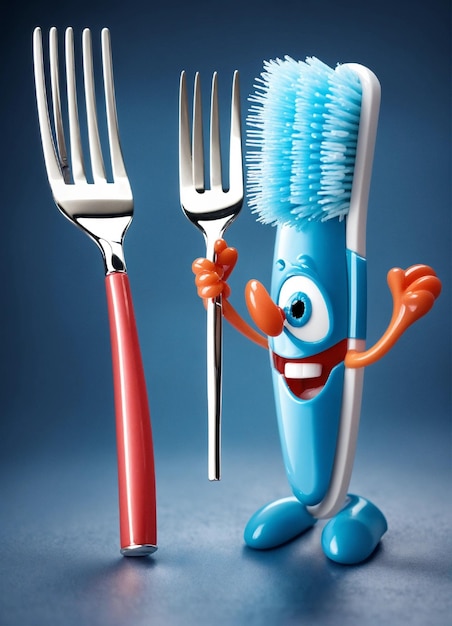 El personaje del cepillo de dientes se sostiene de la mano con un personaje del tenedor