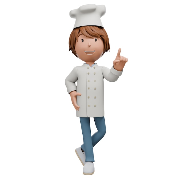 Un personaje de chef de dibujos animados en 3D en un uniforme blanco sosteniendo un dedo hacia arriba como si estuviera haciendo un punto
