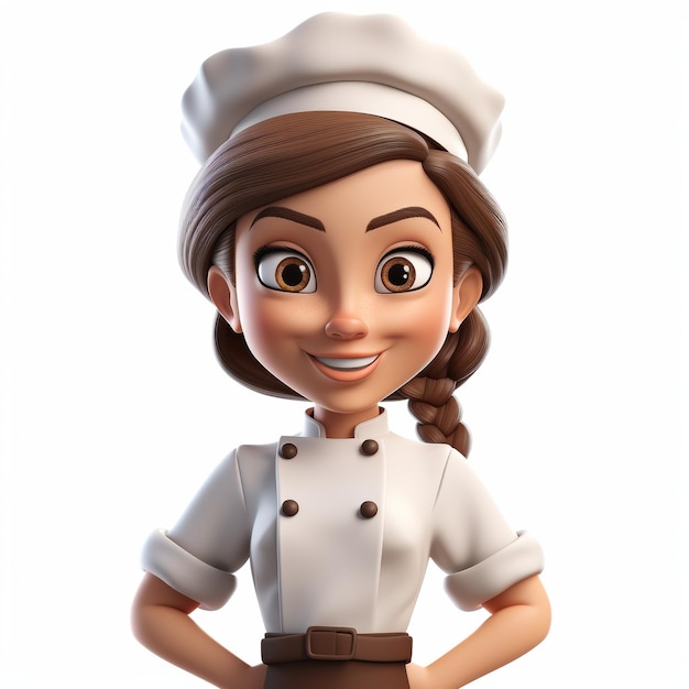 Personaje de chef sonriente aislado en uniforme blanco sobre fondo blanco