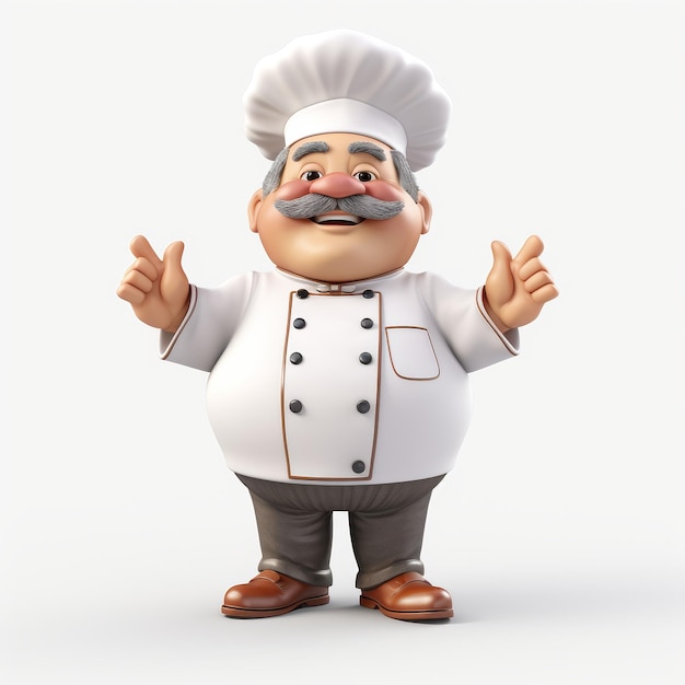 Personaje de chef sonriente aislado en uniforme blanco sobre fondo blanco
