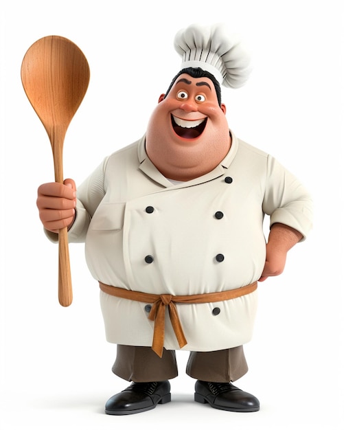 Personaje de chef sosteniendo una cuchara de madera 3D