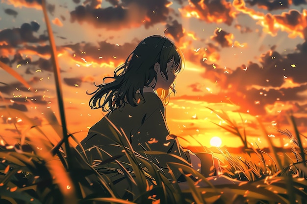 Foto personaje de chica estilo anime ver hermosas vistas prados verdes fondo y papel tapiz