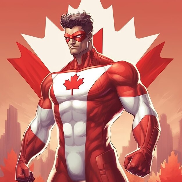 Un personaje de cómics con una bandera canadiense en el pecho.