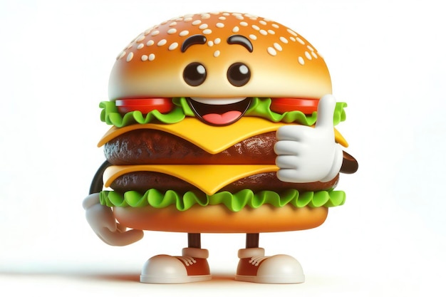 Personaje de comida rápida de hamburguesa 3d con una cara sonriente sobre un fondo blanco ai generativo