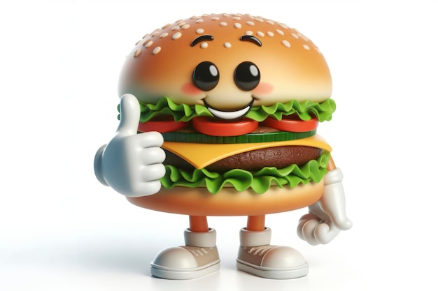 Personaje de comida rápida de hamburguesa 3d con una cara sonriente sobre un fondo blanco ai generativo