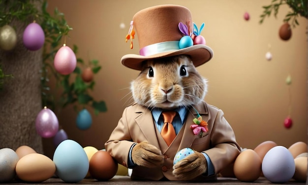 Foto el personaje del conejo lleva un traje y adornos de huevos decorados feliz día de pascua