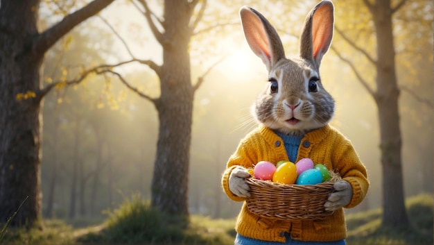 Foto personaje de conejo con suéter y canasta de pascua en la mano