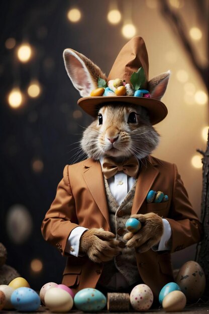 Foto personaje de conejo con un traje con adornos de huevos de pascua decorados en una mesa de madera pascua