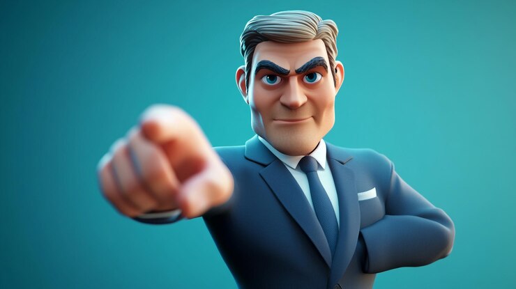 Un personaje confiado en un traje señala asertivamente al espectador contra un telón de fondo azul