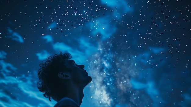 Un personaje contemplativo mira las estrellas