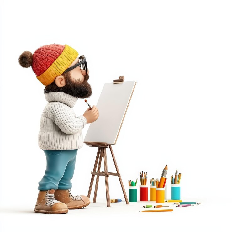 Un personaje creativo dibuja en un lienzo en blanco junto a materiales de arte vibrantes que muestran la expresión artística y la imaginación