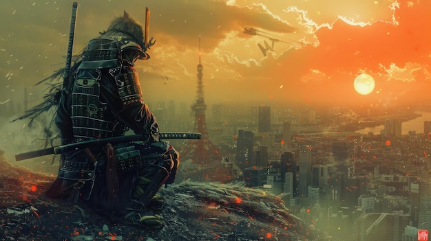 Personaje de un cyberpunk futurista samurai tradicional papel tapiz de fondo imagen generada por la IA