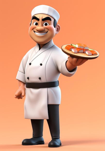 Personaje de dibujos animados en 3D de un chef de sushi
