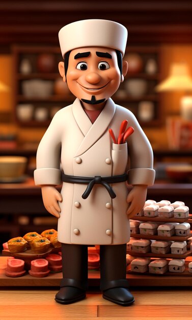 Foto personaje de dibujos animados en 3d de un chef de sushi