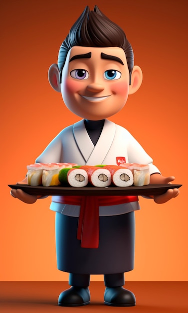 Personaje de dibujos animados en 3D de un chef de sushi