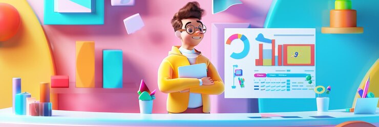 Foto un personaje de dibujos animados en 3d se encuentra con confianza en un espacio de trabajo de colores brillantes revisando datos en un