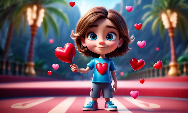 El personaje de dibujos animados 3D y el fondo del corazón del corazón 3D