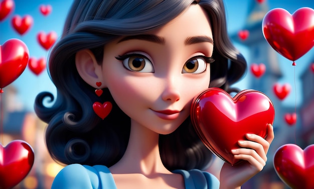 El personaje de dibujos animados 3D y el fondo del corazón del corazón 3D