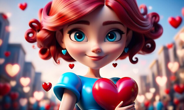 El personaje de dibujos animados 3D y el fondo del corazón del corazón 3D