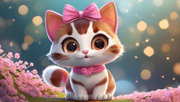 Foto un personaje de dibujos animados 3d de un gatito rosa y blanco con un arco en la cabeza