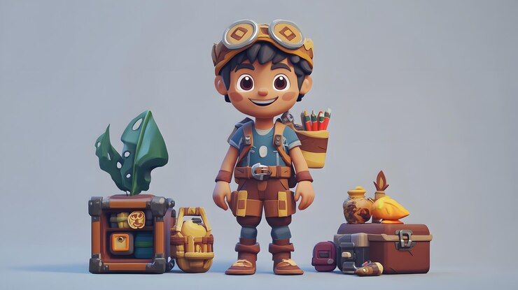 Foto un personaje de dibujos animados en 3d de un joven explorador con una mochila y gafas de protección está con sus pertenencias