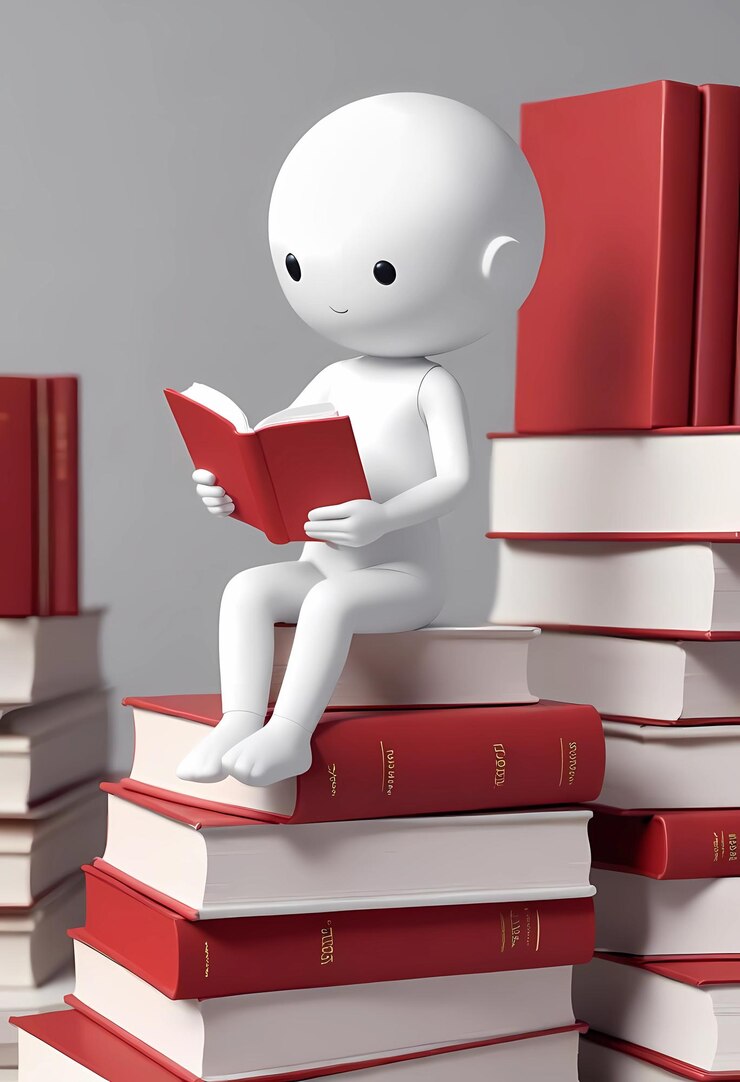 Personaje de dibujos animados en 3D con libro abierto y sentado en una pila de libros
