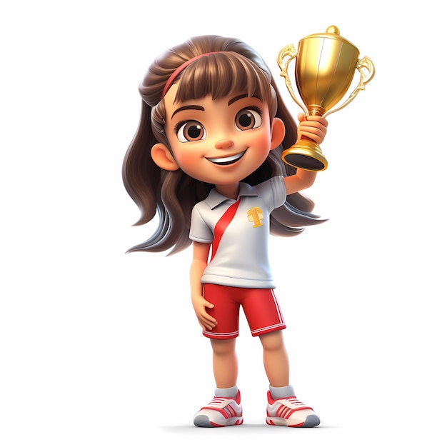 Personaje de dibujos animados en 3D linda estudiante niña niños sosteniendo un trofeo celebrando el trofeo de oro campeón para