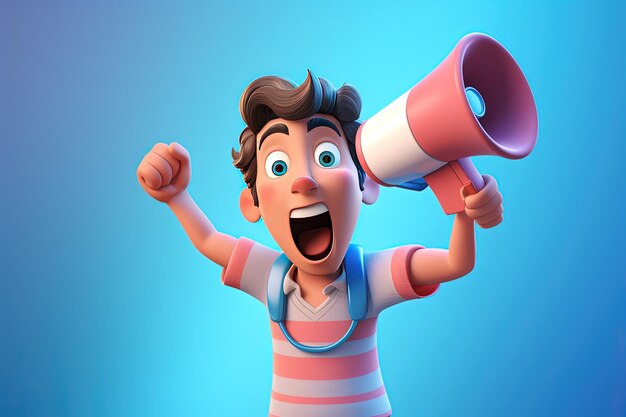 Foto personaje de dibujos animados en 3d con un megáfono en la mano