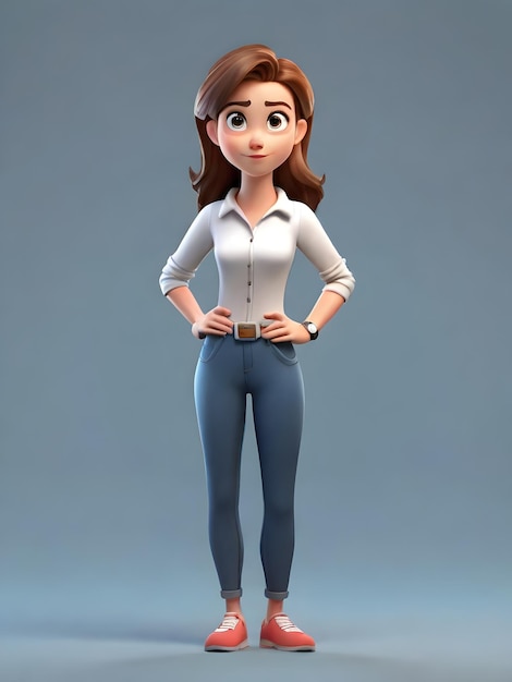 Personaje de dibujos animados en 3D mujer joven no entiende el gesto posa todo el cuerpo en fondo completo