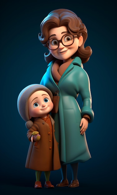 Personaje de dibujos animados en 3D de niñera y una linda niña