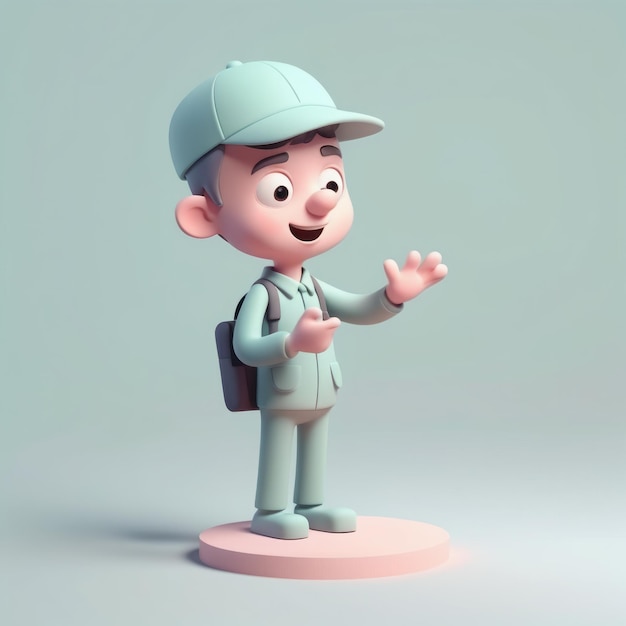 Personaje de dibujos animados en 3D de un niño con una gorra una gorra con un fondo blanco ilustración en 3D carro en 3D