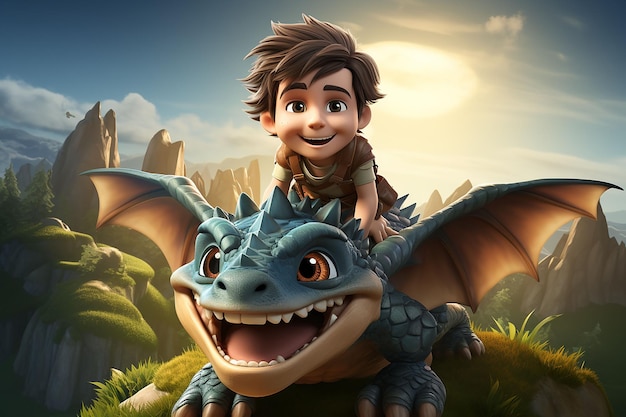 Personaje de dibujos animados en 3D de un niño personaje de dibujos animados montando un dragón generado por Ai