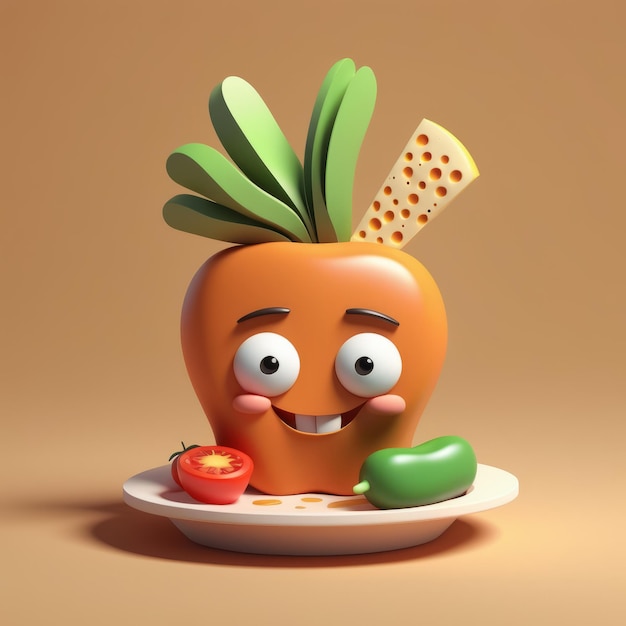 Personaje de dibujos animados en 3D con un plato con una manzana y un cuchillo