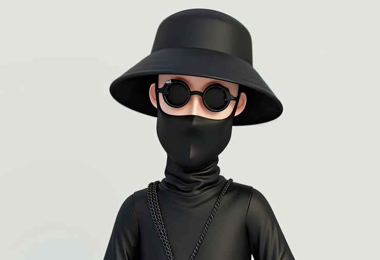 Un personaje de dibujos animados en 3D en todo negro con un sombrero, gafas de sol y una máscara