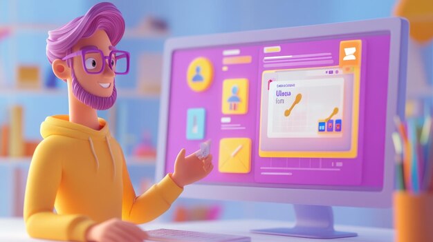 Personaje de dibujos animados en 3D trabajando en una computadora con un diseño de sitio web