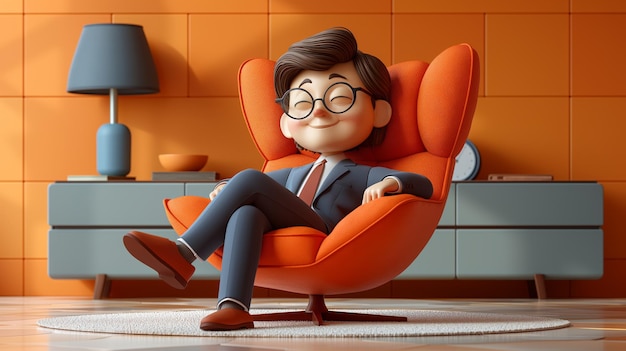 Personaje de dibujos animados en 3D en un traje de negocios sentado en una silla IA generativa