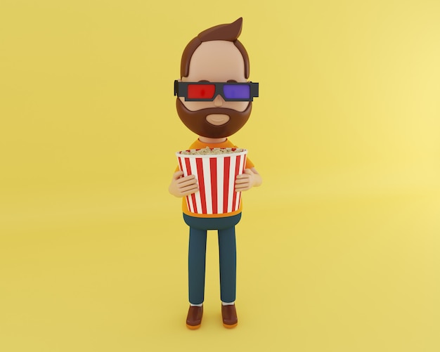 Personaje de dibujos animados en 3D viendo la película