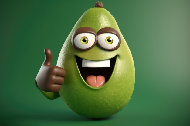 Personaje de dibujos animados de aguacate feliz mostrando los pulgares para arriba